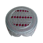 White Sindhi Topi - Pink Stitching - Maroon and Pink Tikki - Raja Cap