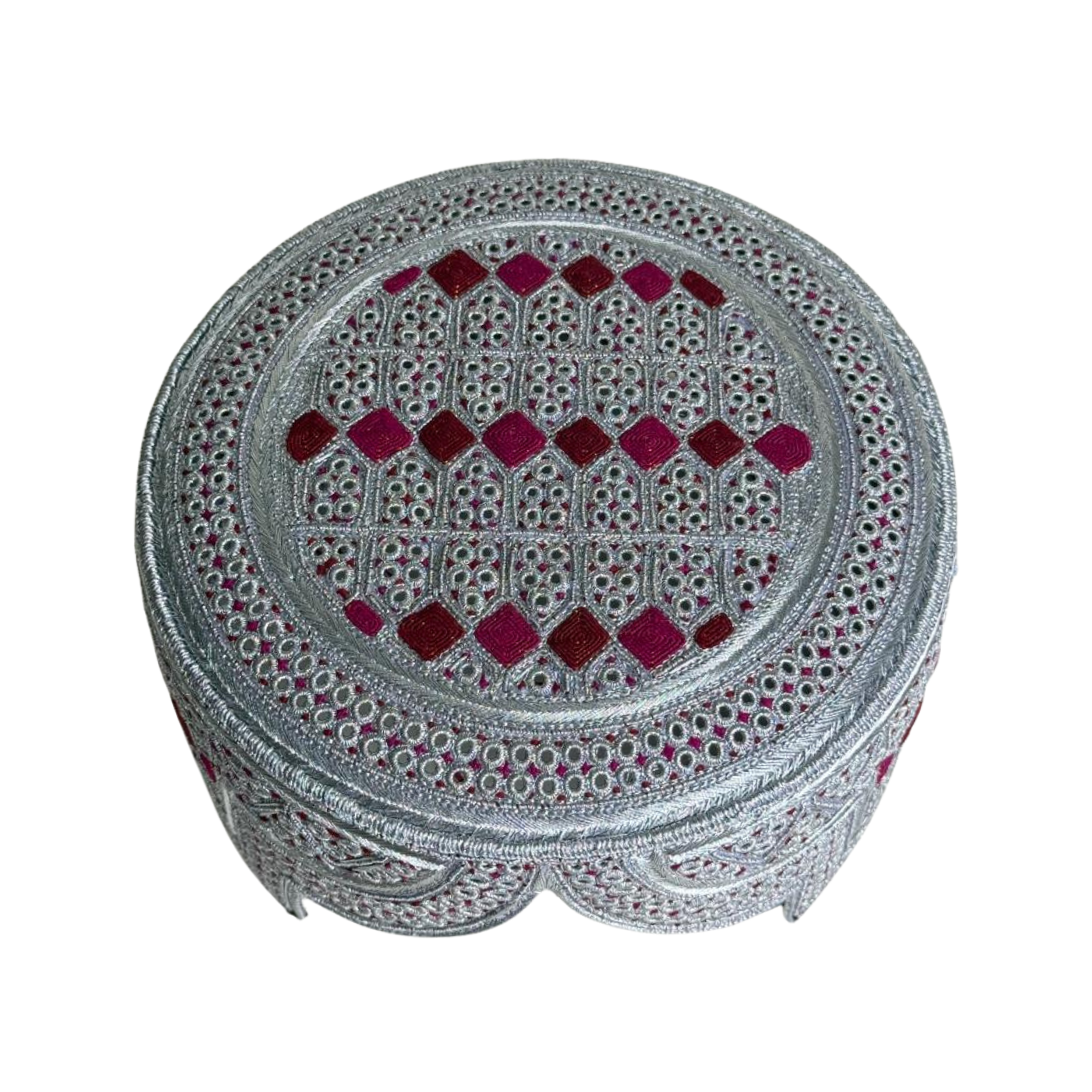 White Sindhi Topi - Pink Stitching - Maroon and Pink Tikki - Raja Cap