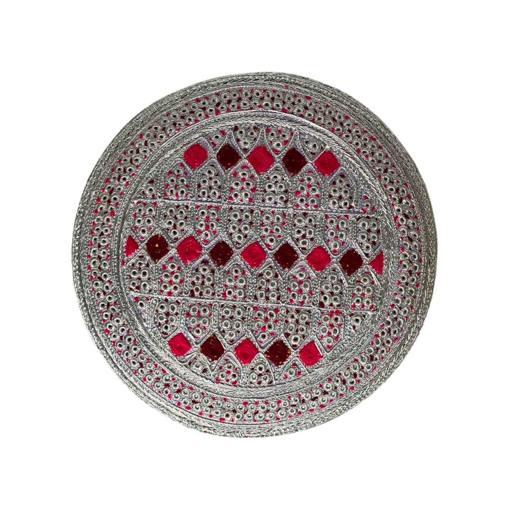 White Sindhi Topi - Pink Stitching - Maroon And Pink Tikki - Raja Cap