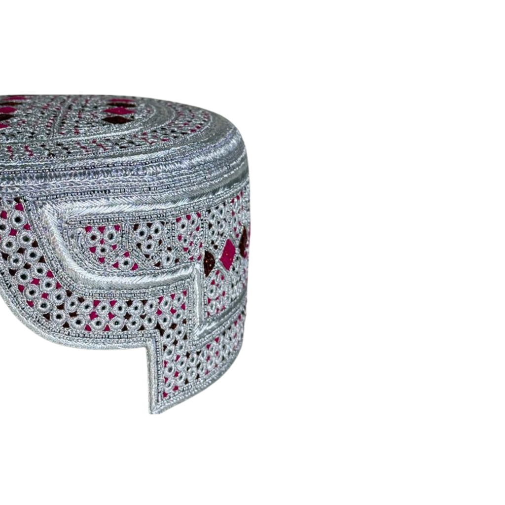 White Sindhi Topi - Pink Stitching - Maroon and Pink Tikki - Raja Cap