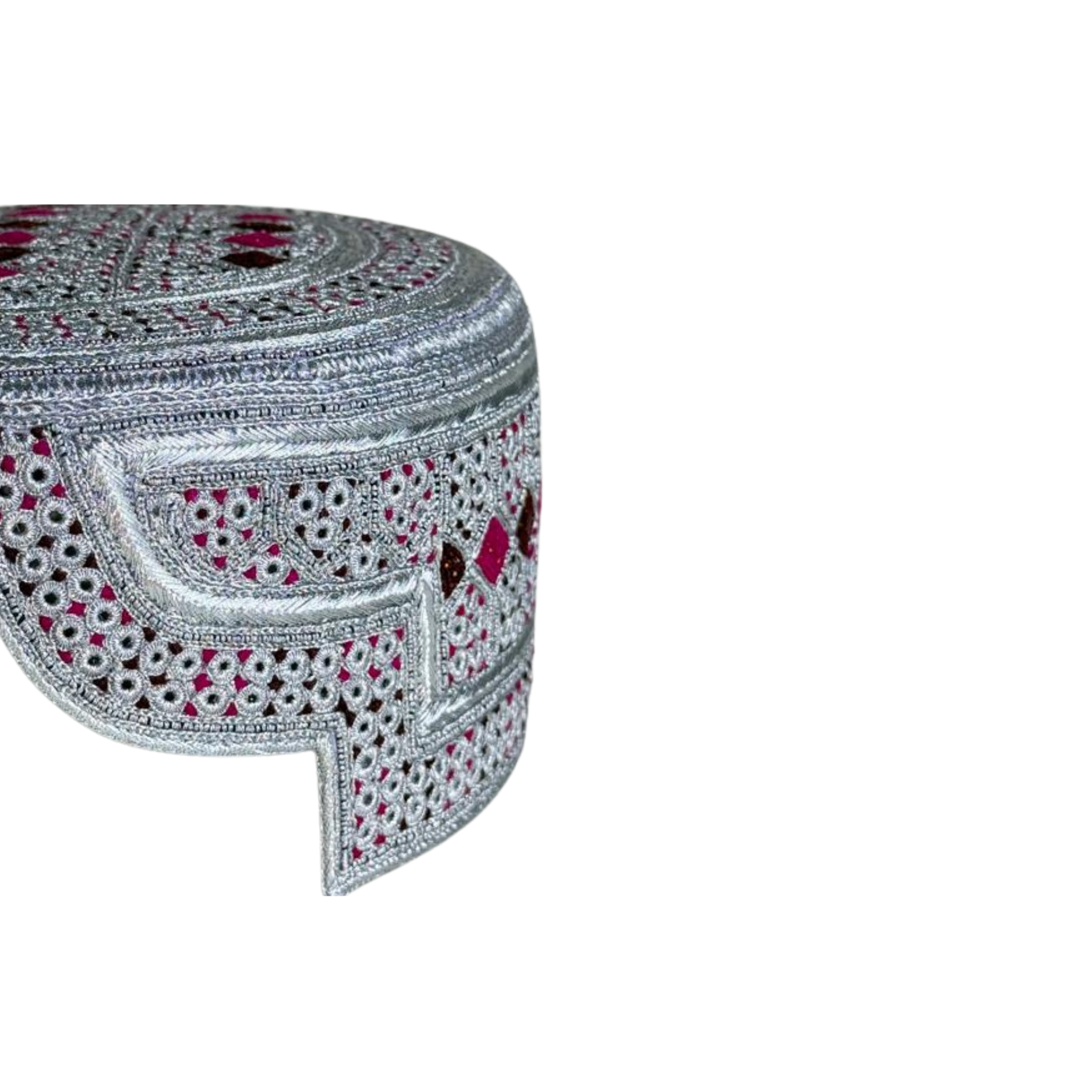 White Sindhi Topi - Pink Stitching - Maroon and Pink Tikki - Raja Cap