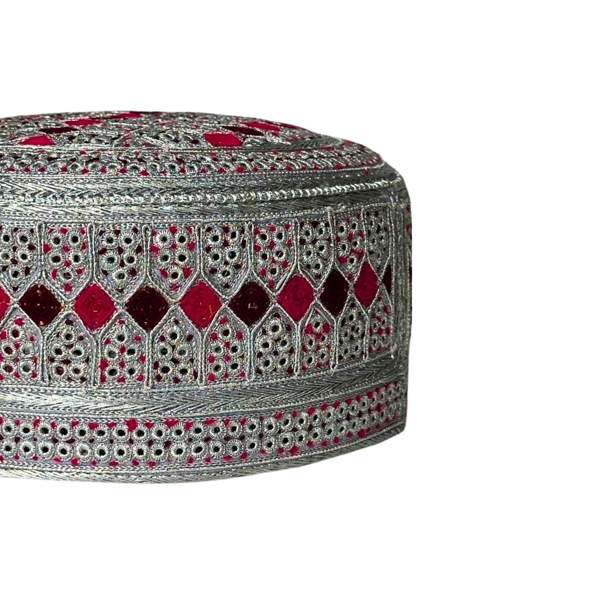 White Sindhi Topi - Pink Stitching - Maroon And Pink Tikki - Raja Cap
