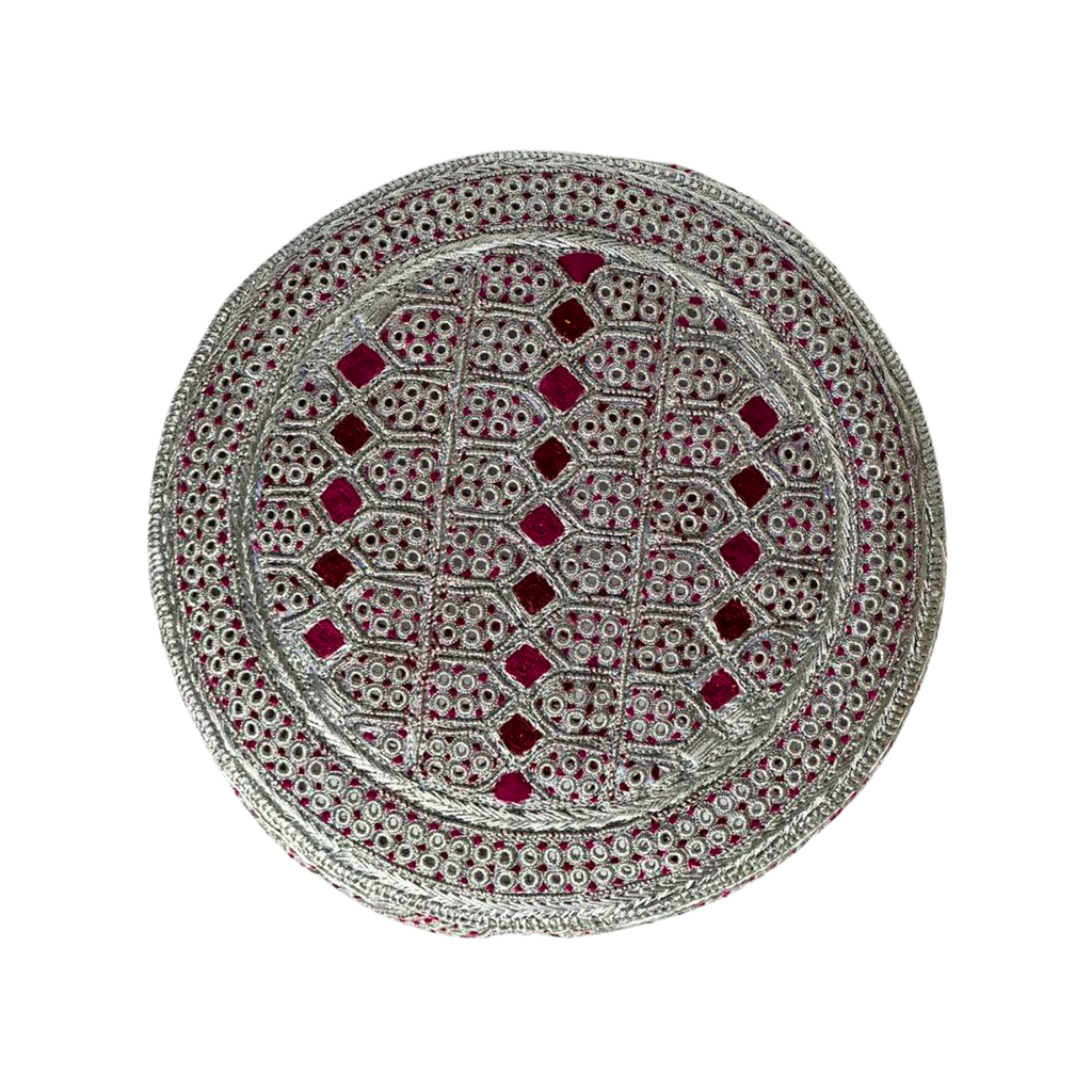 White Sindhi Topi - Pink Stitching - Pink And Maroon Tikki -  Raja Cap