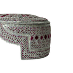 White Sindhi Topi - Pink Stitching - Pink And Maroon Tikki -  Raja Cap