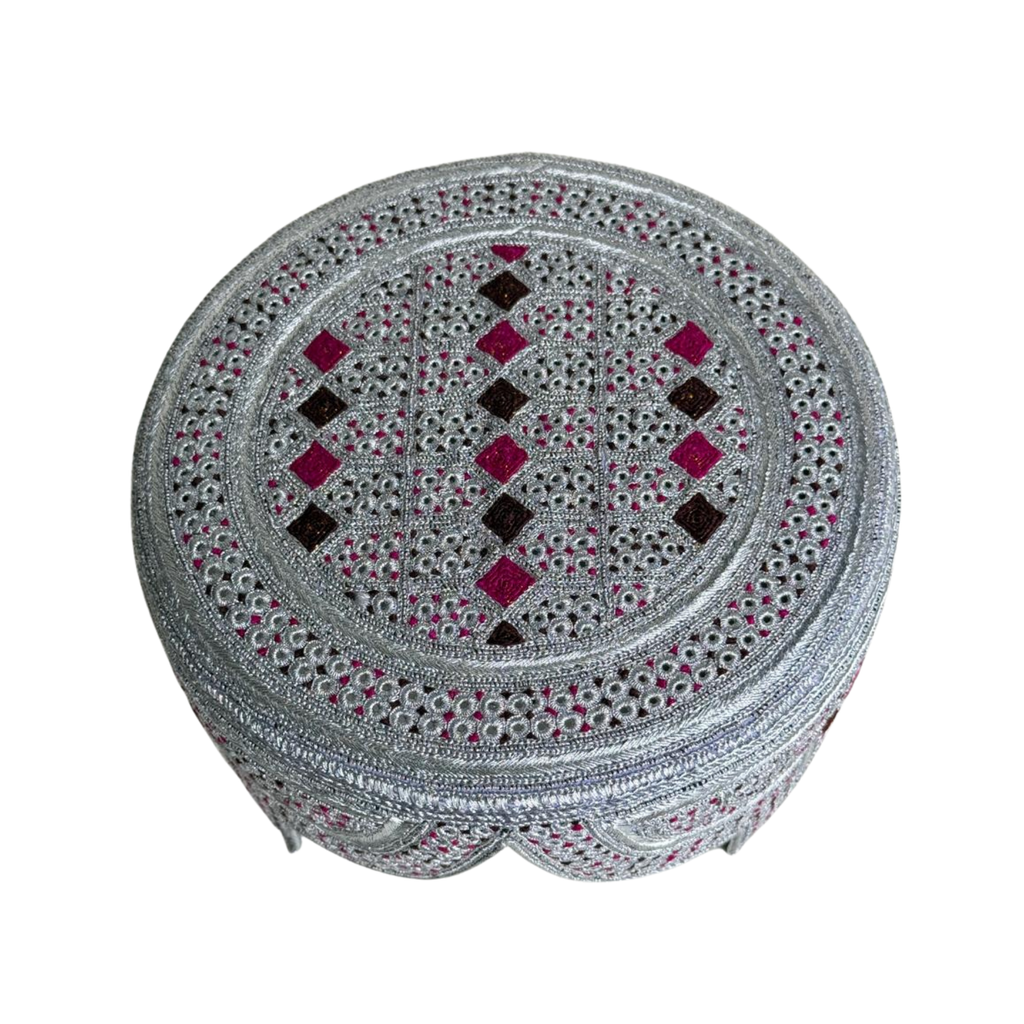 White Sindhi Topi - Pink Stitching - Maroon and Pink Tikki - Raja Cap