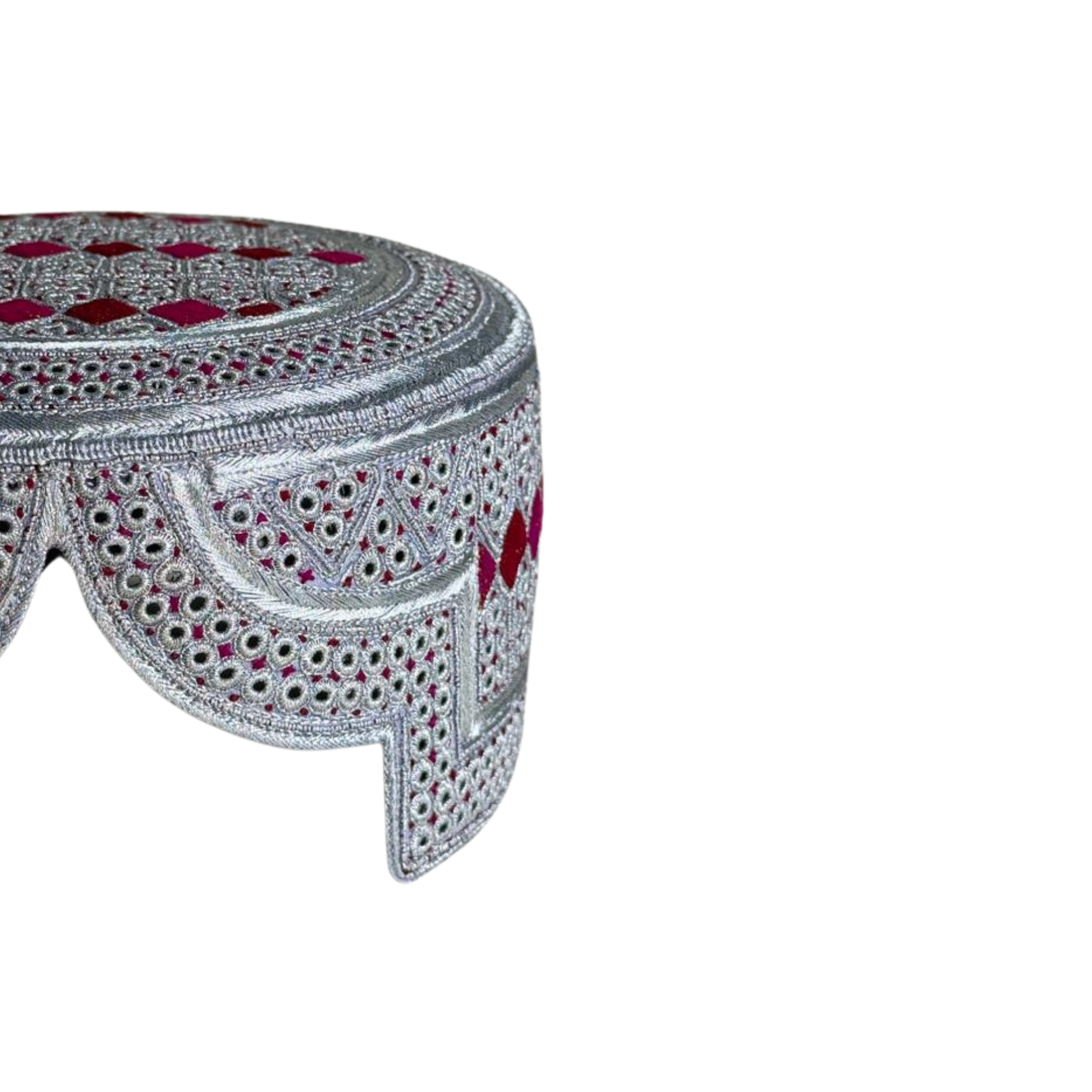 White Sindhi Topi - Pink stitching - Maroon and Pink Tikki - Raja Cap