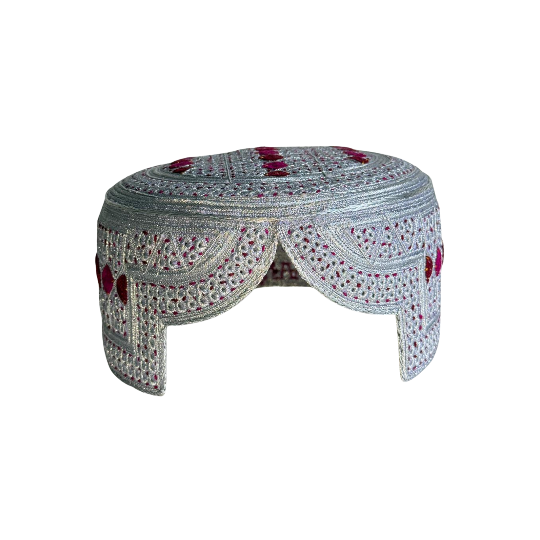 White Sindhi Topi - Pink Stitching - Pink and Maroon Tikki - Raja Cap