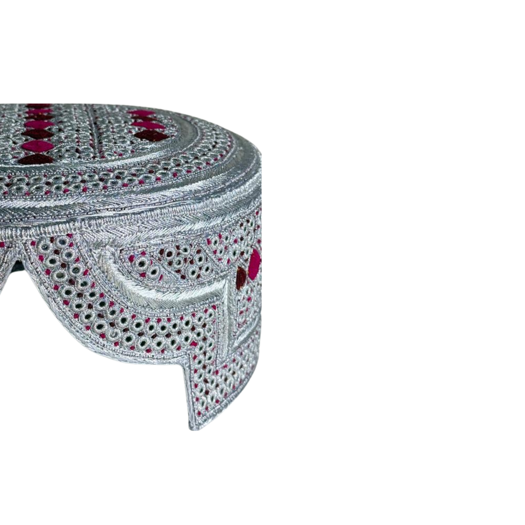 White Sindhi Topi - Pink Stitching - Maroon and Pink Tikki - Raja Cap