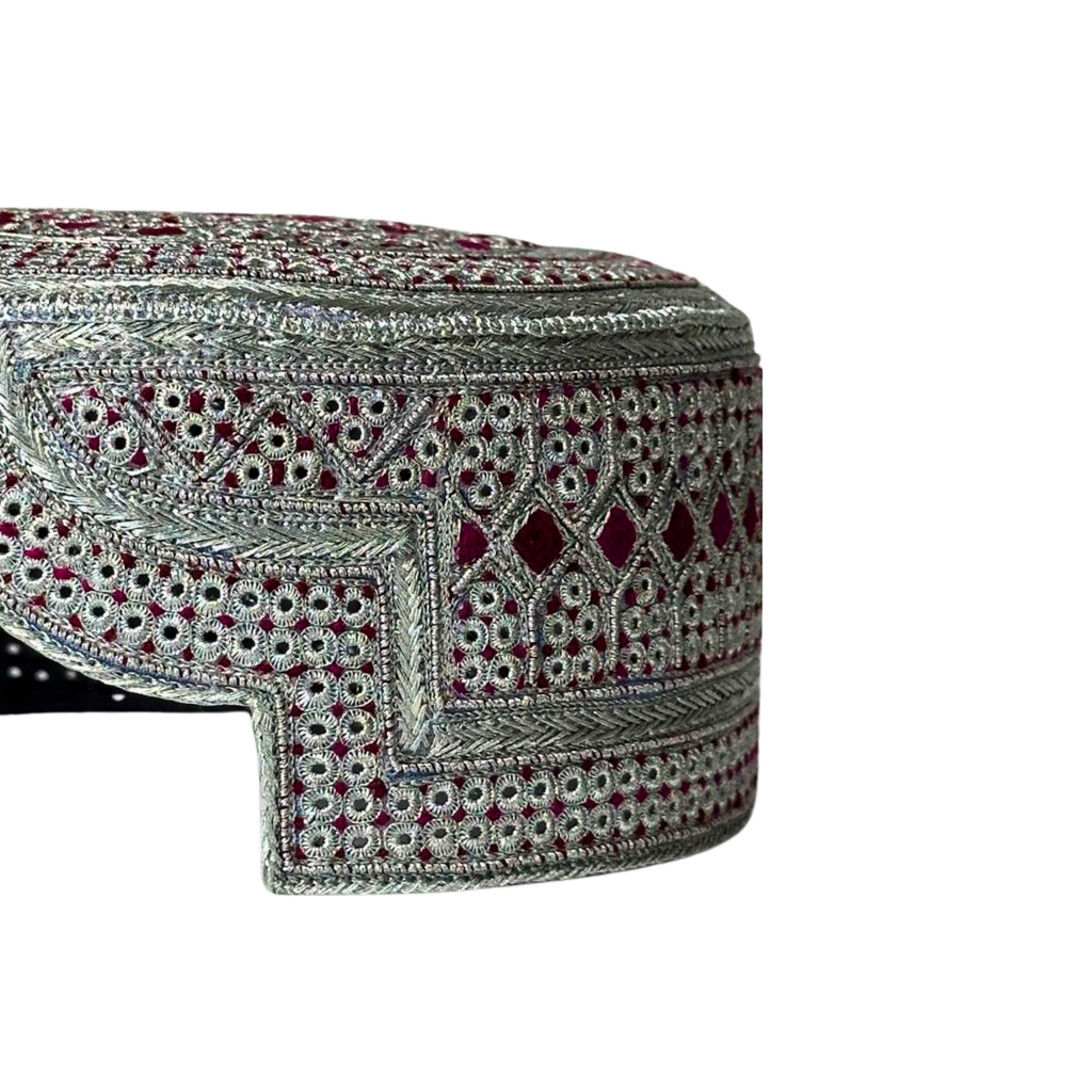 White Sindhi Topi - Pink Stitching - Maroon And Pink Tikki - Raja Cap