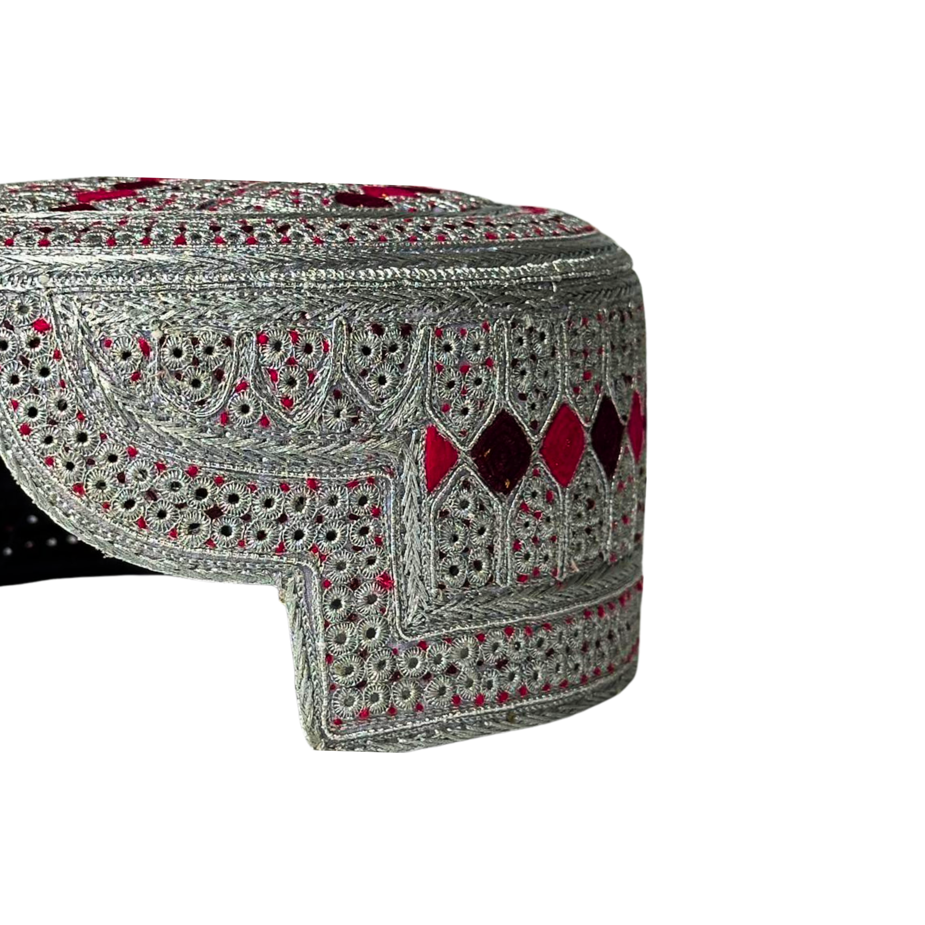 White Sindhi Topi - Pink And Purple Tikki - Pink Stitching - Raja Cap