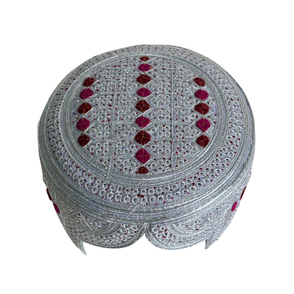 White Sindhi Topi - PInk Stitching - Maroon and Pink Tikki - Raja Cap