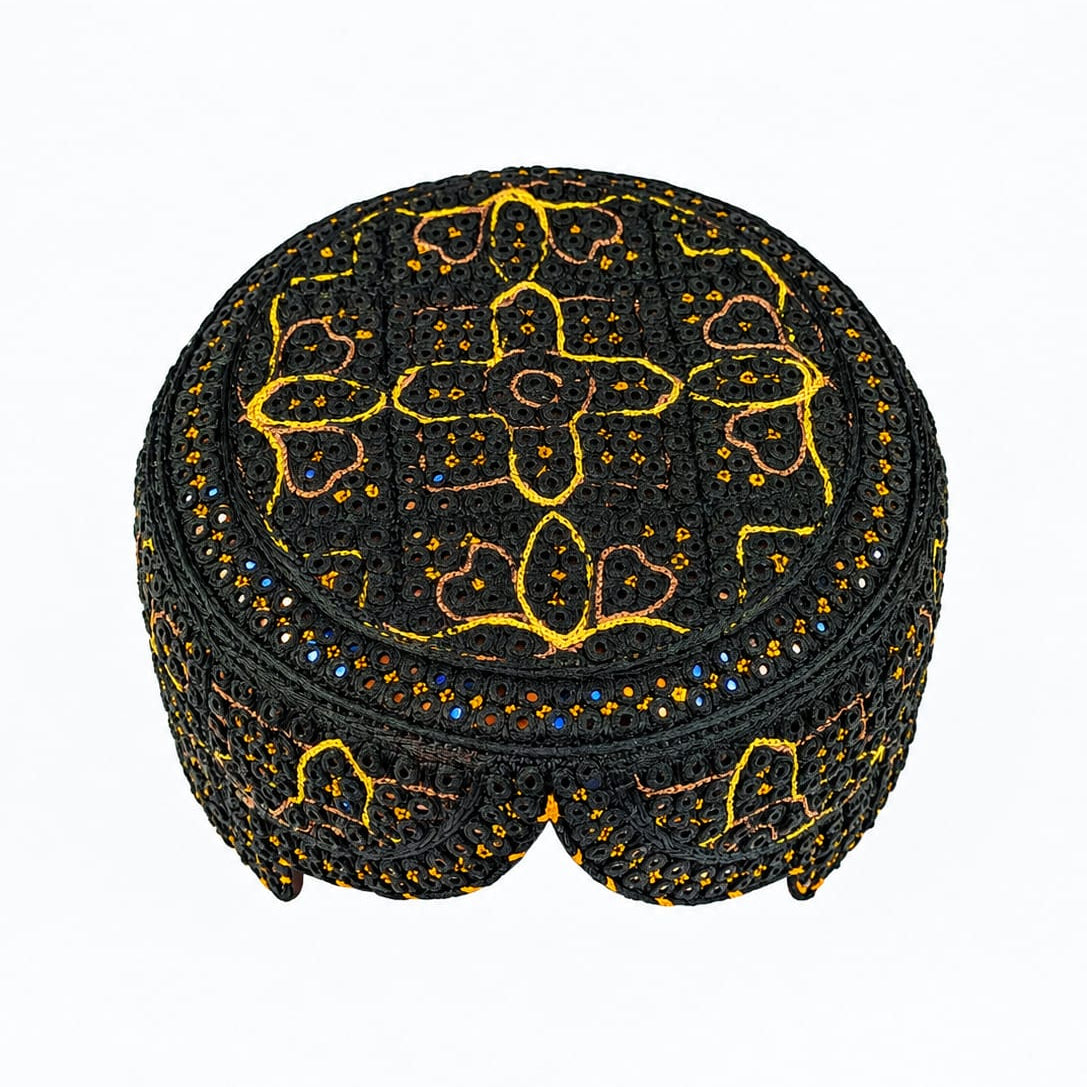 Black Sindhi Topi - Traditional Design - Blue Shade - Nasir Bhai