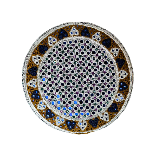 White Sindhi Topi - Heart Design - Blue Shsde - Nasir Bhai