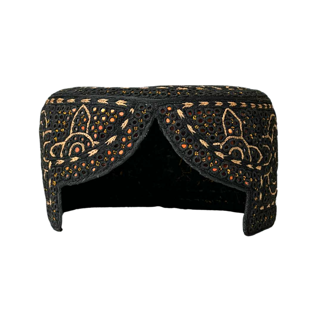 Black Sindhi Topi - Flower Design - Golden Shade - Nasir Bhai