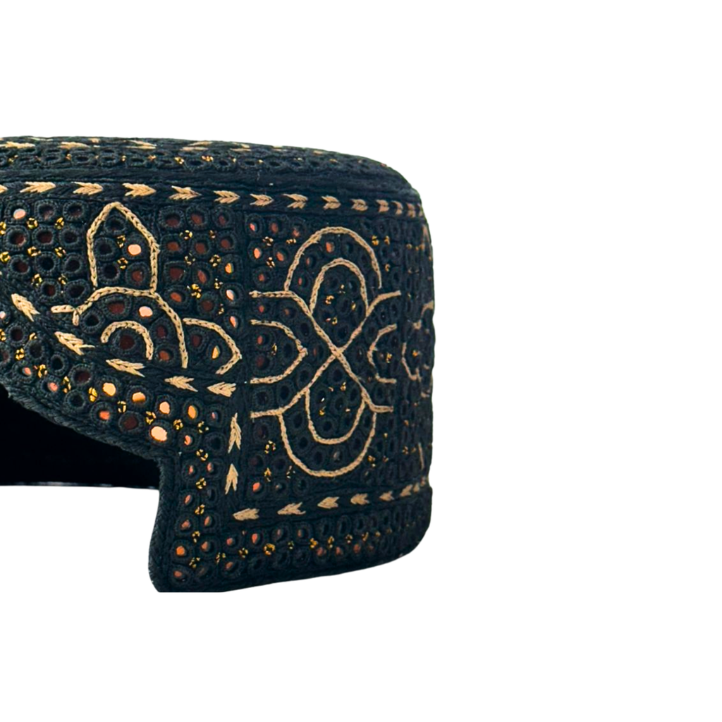 Black Sindhi Topi - Flower Design - Golden Shade - Nasir Bhai