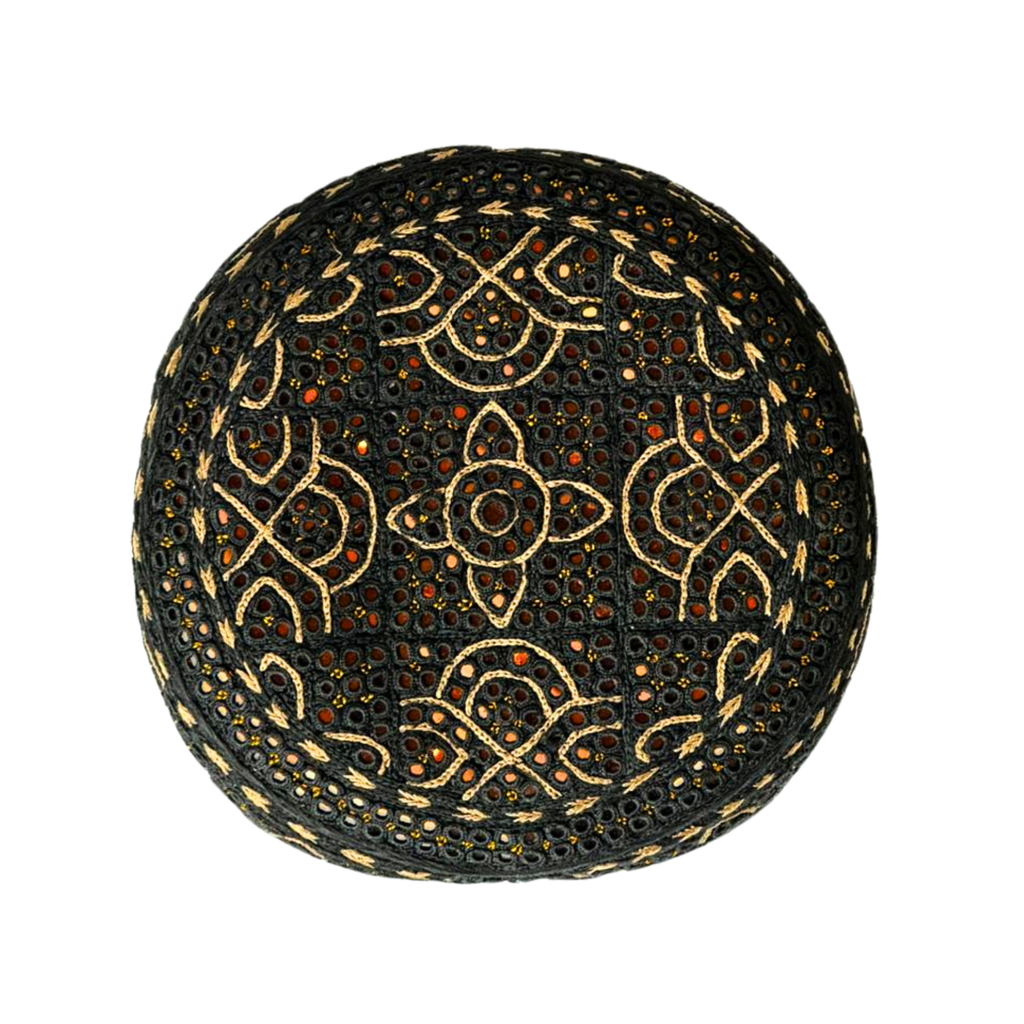 Black Sindhi Topi - Flower Design - Golden Shade - Nasir Bhai
