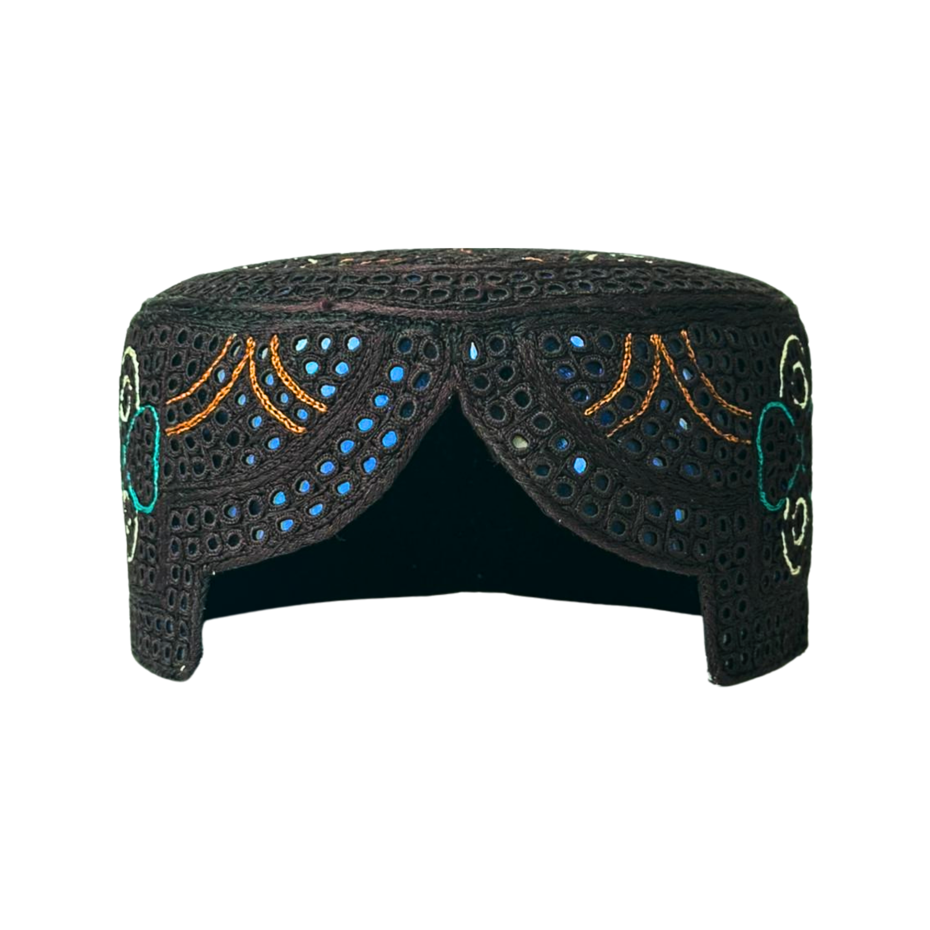 Brown Sindhi Topi - Flower Design - Blue Shade - Nasir Bhai