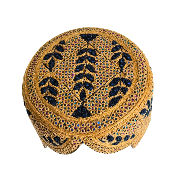 Golden Sindhi Topi - Flower Design - Bluer Shade - Nasir Bhai