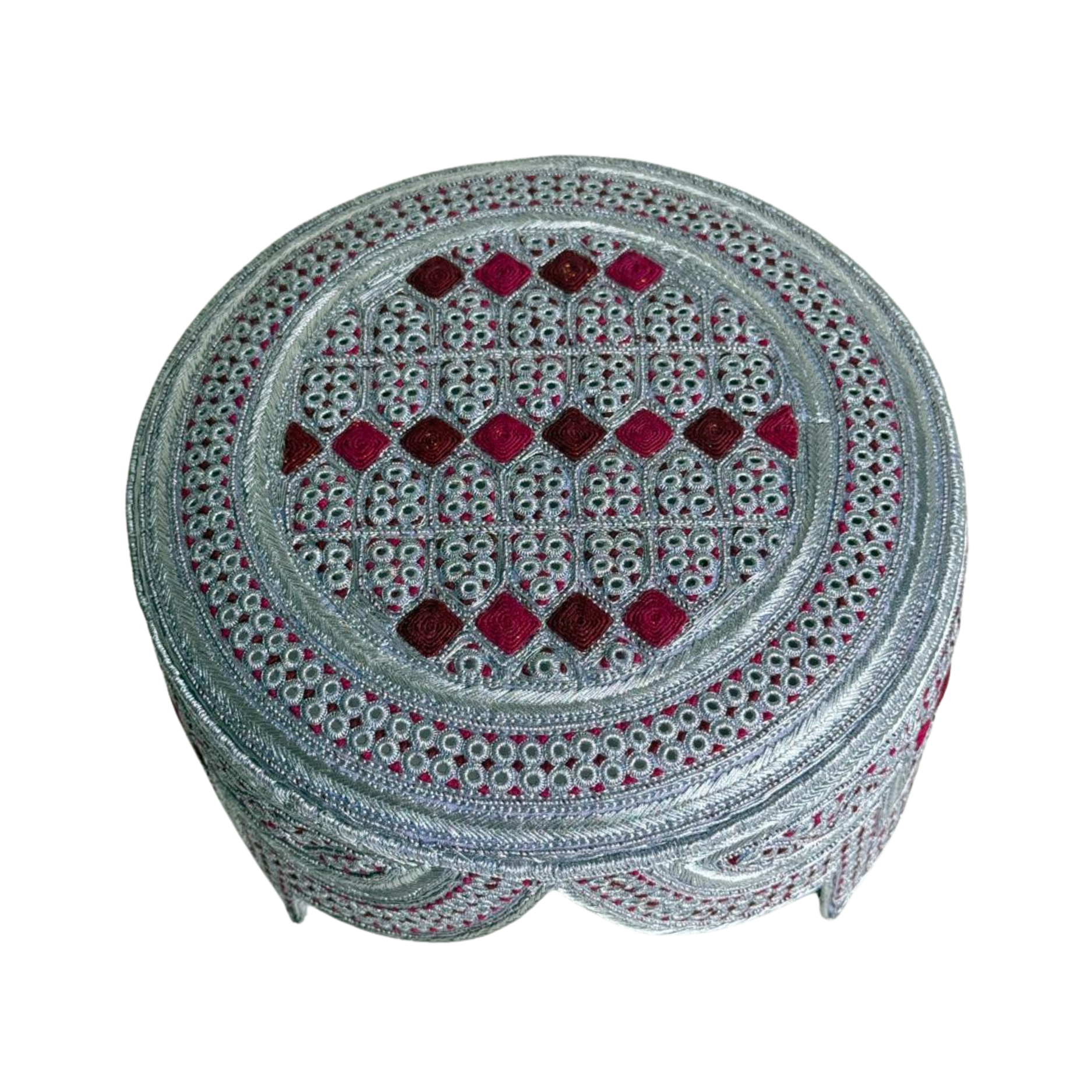 White Sindhi Topi - Pink stitching - Maroon and Pink Tikki - Raja Cap