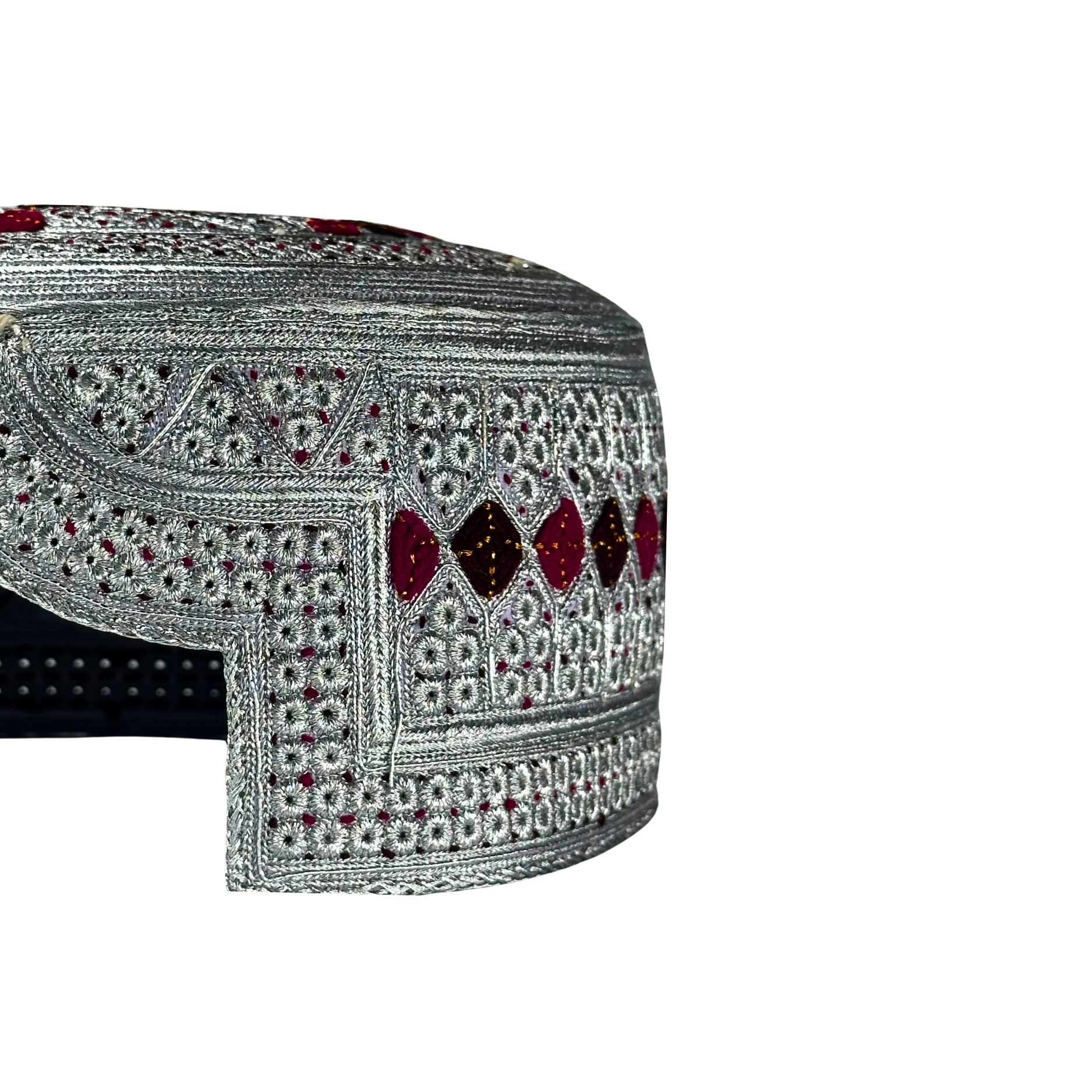 White Sindhi Topi - Maroon Stitching - Dark Maroon And Maroon Tikki - Raja Cap
