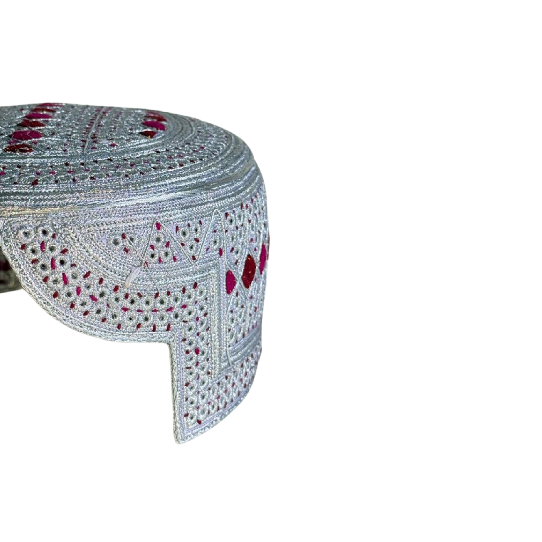 White Sindhi Topi - Pink Stitching - Pink and Maroon Tikki - Raja Cap