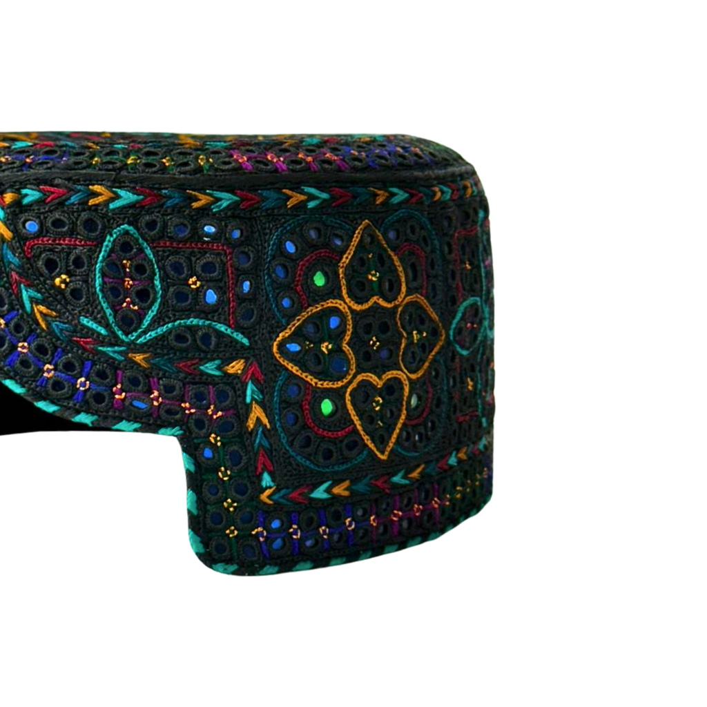 Black Sindhi Topi - Flower Design - Blue Shade - Nasir Bhai