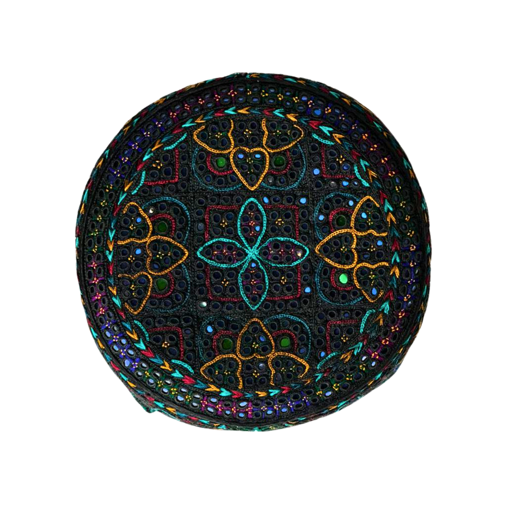 Black Sindhi Topi - Flower Design - Blue Shade - Nasir Bhai