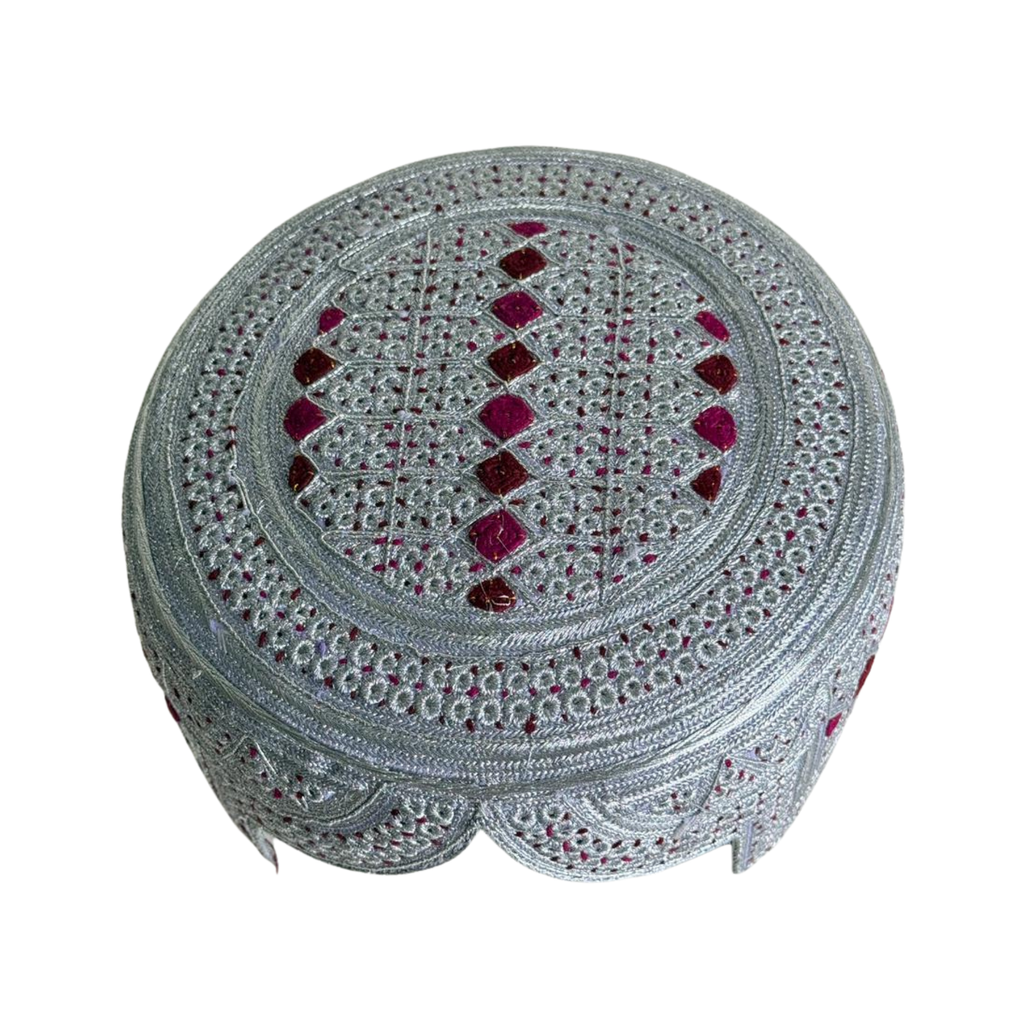 White Sindhi Topi - Pink Stitching - Pink and Maroon Tikki - Raja Cap