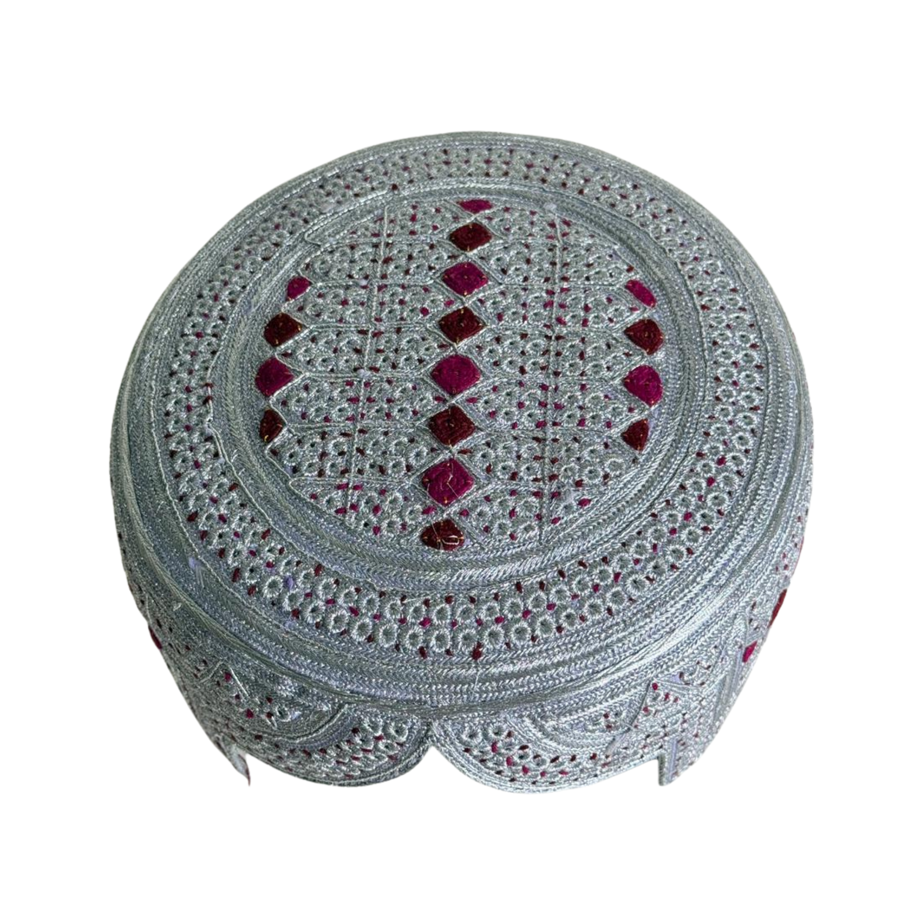 White Sindhi Topi - Pink Stitching - Pink and Maroon Tikki - Raja Cap