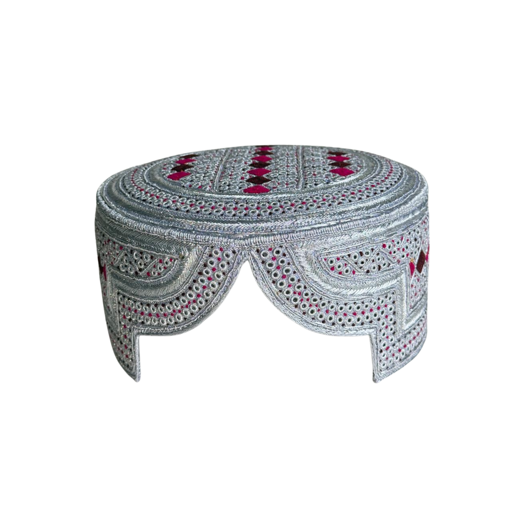 White Sindhi Topi - Pink Stitching - Brown and Pink Tikki - Raja Cap