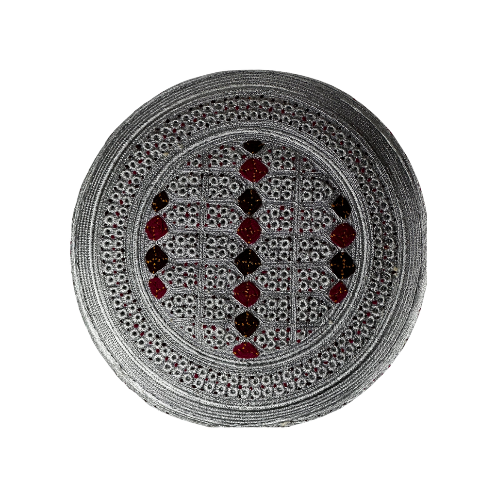 White Sindhi Topi - Maroon Stitching - Dark Maroon And Maroon Tikki - Raja Cap