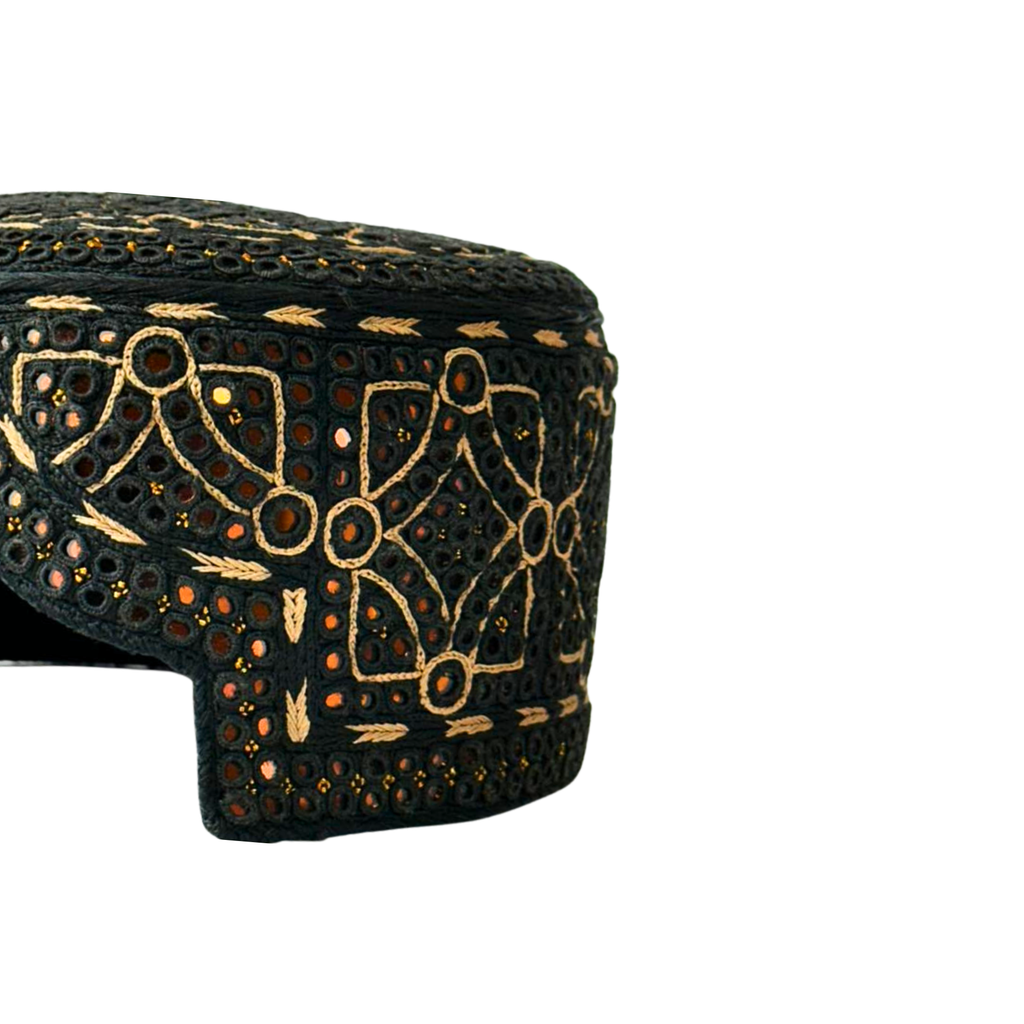 Black Sindhi Topi -Traditional design - Golden Shade - Nasir Bhai
