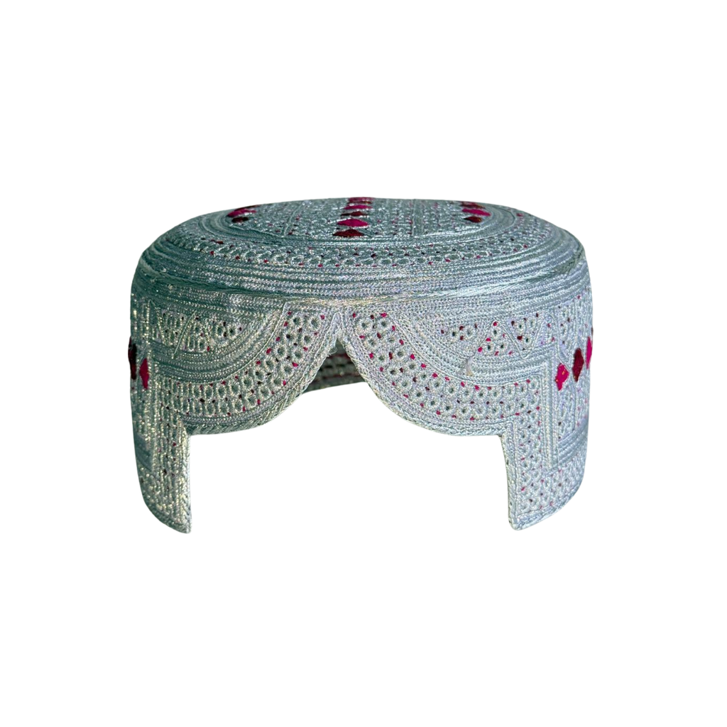 White Sindhi Topi - Pink Stitching - Pink and Maroon Tikki - Raja Cap