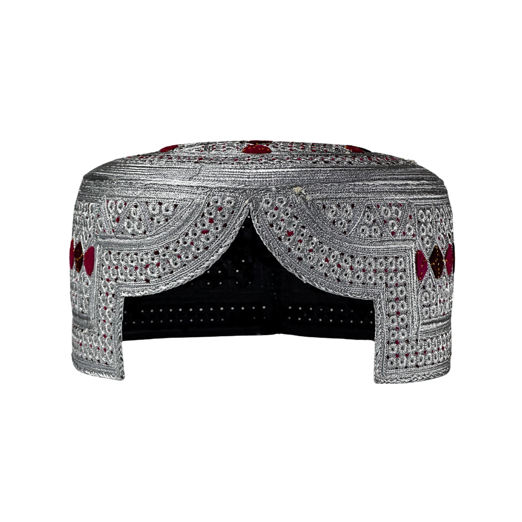 White Sindhi Topi - Maroon Stitching - Dark Maroon And Maroon Tikki - Raja Cap