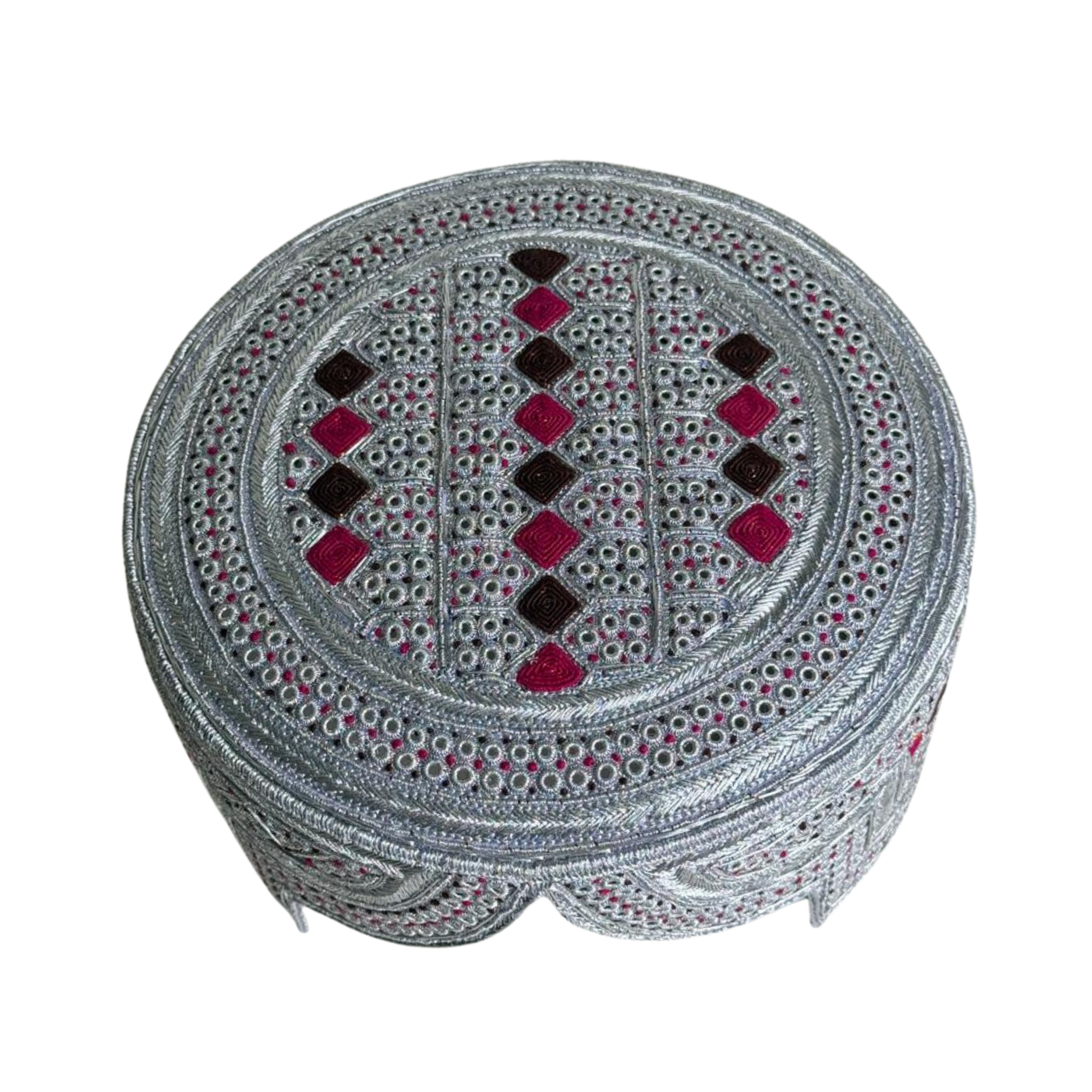 White Sindhi Topi - Pink Stitching - Brown and Pink Tikki - Raja Cap