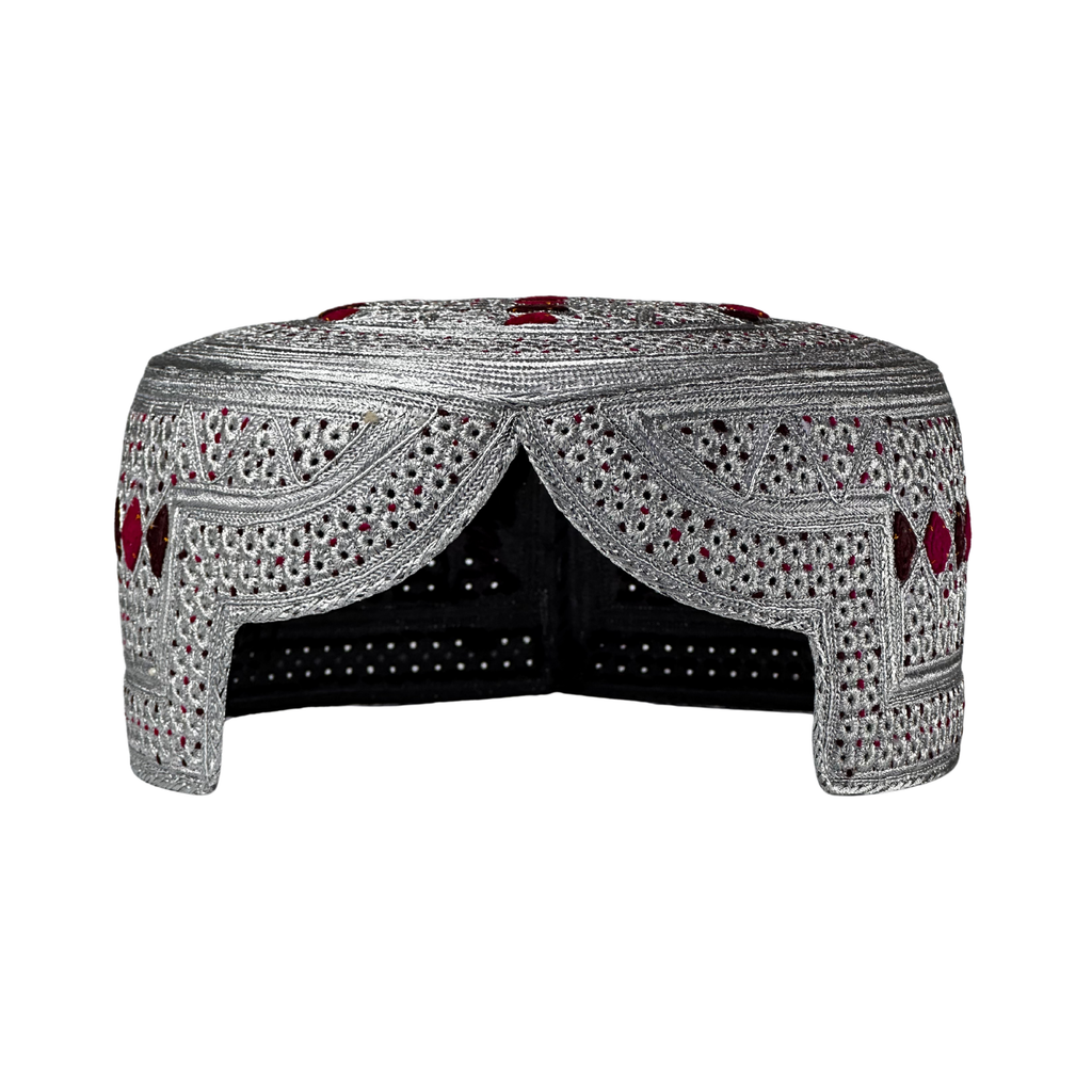 White Sindhi Topi - Pink Stitching - Maroon And Black Tikki - Raja Cap