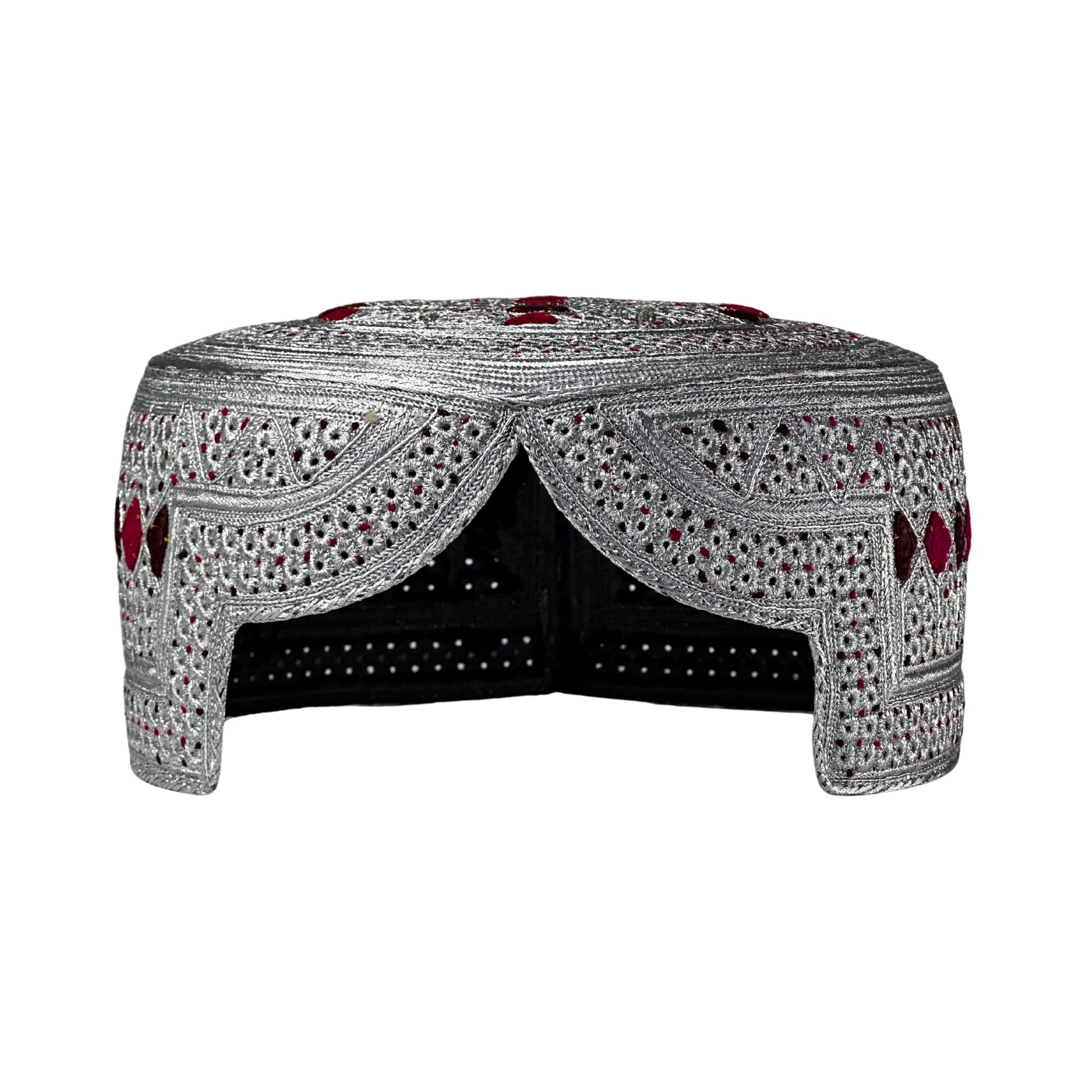White Sindhi Topi - Pink Stitching - Maroon And Black Tikki - Raja Cap