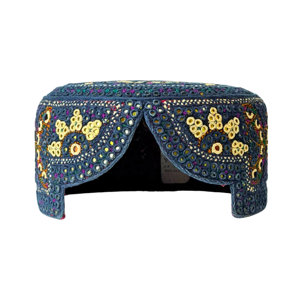 Blue Sindhi Topi - Flower Design - Golden Shade - Nasir Bhai