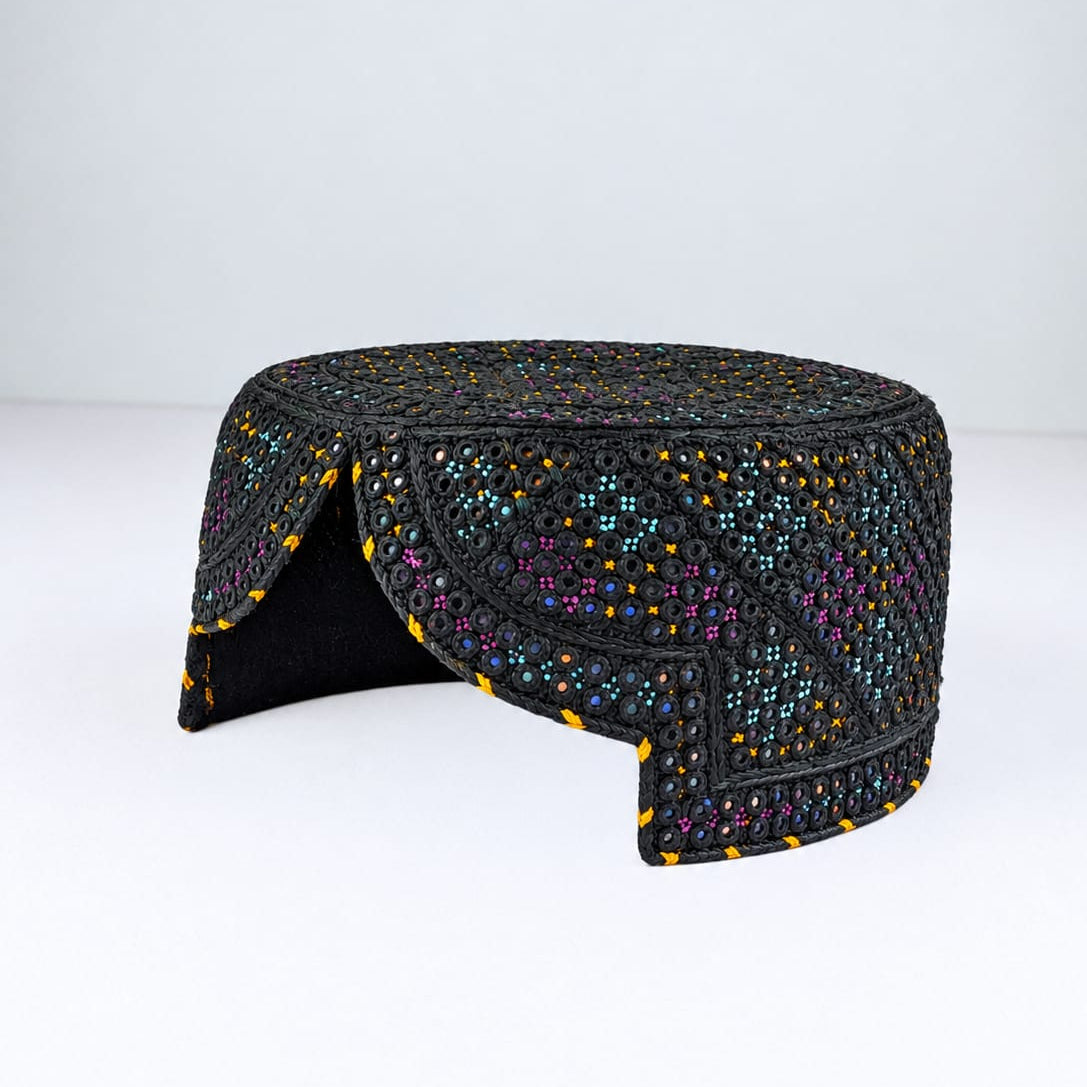 Black Sindhi Topi - Traditional Design - Blue Shade - Nasir Bhai