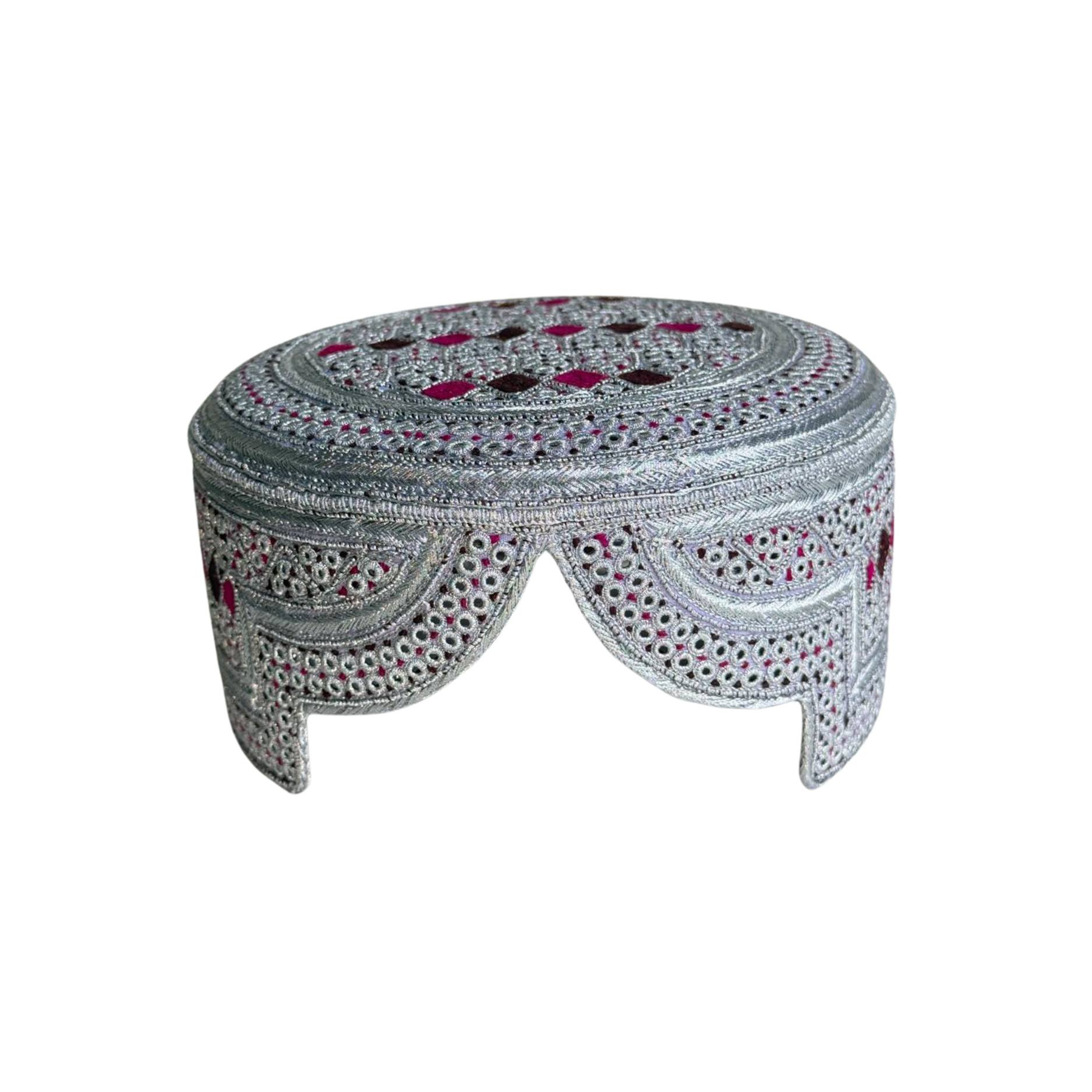 White Sindhi Topi - Pink Stitching - Brown and Pink Tikki - Raja Cap