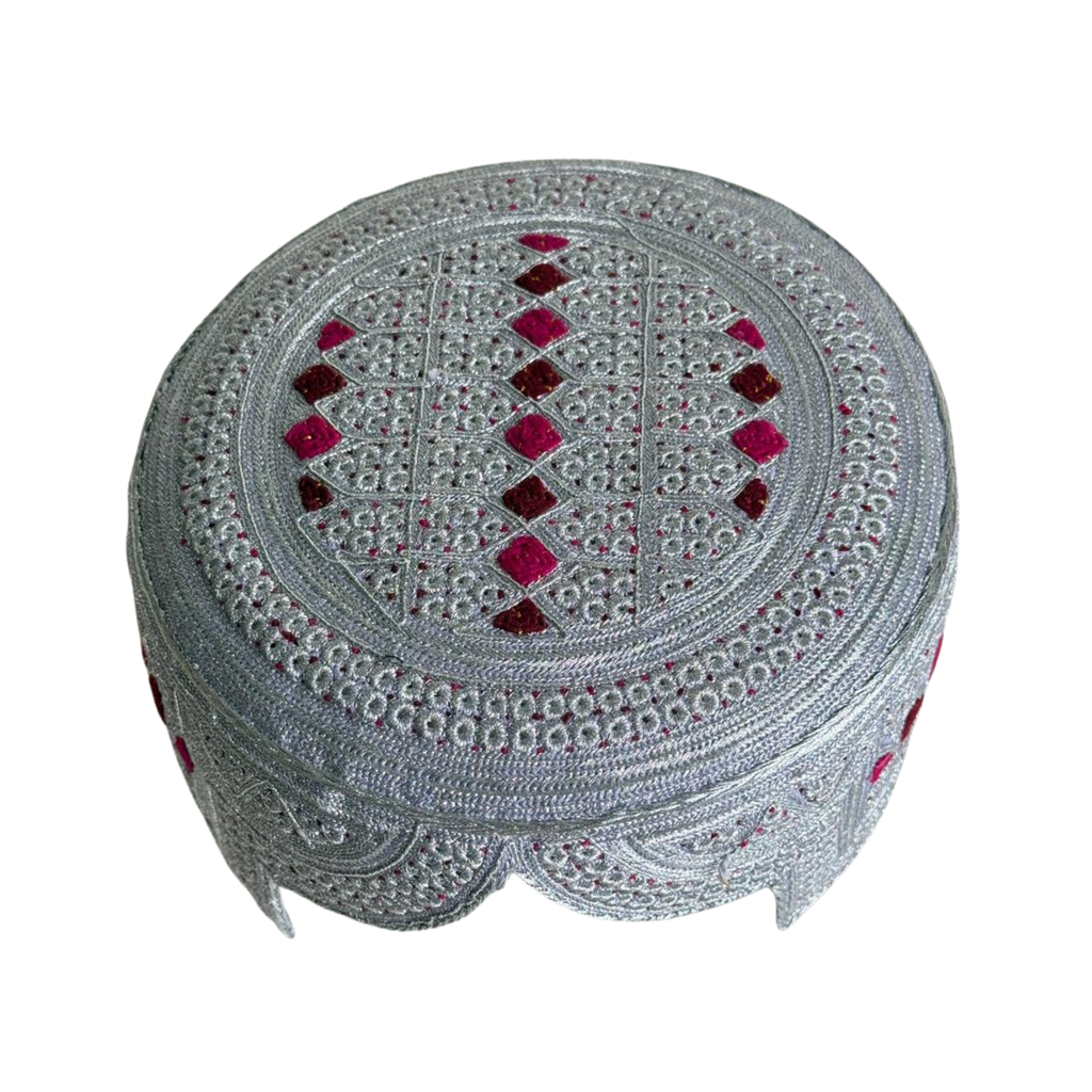 White Sindhi Topi - Pink Stitching - Maroon and Pink Tikki - Raja Cap