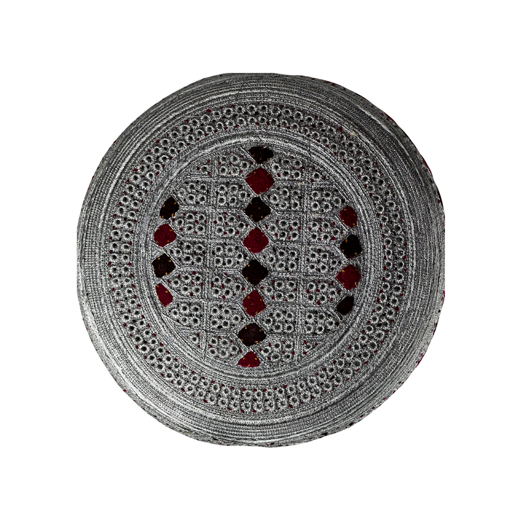 White Sindhi Topi - Pink Stitching - Maroon And Black Tikki - Raja Cap