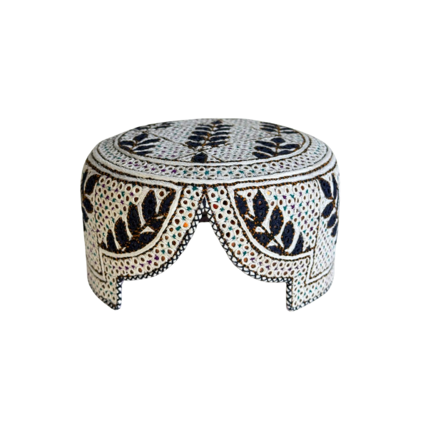 White Sindhi Topi - Flower Design - Brown Shade - Nasir Bhai