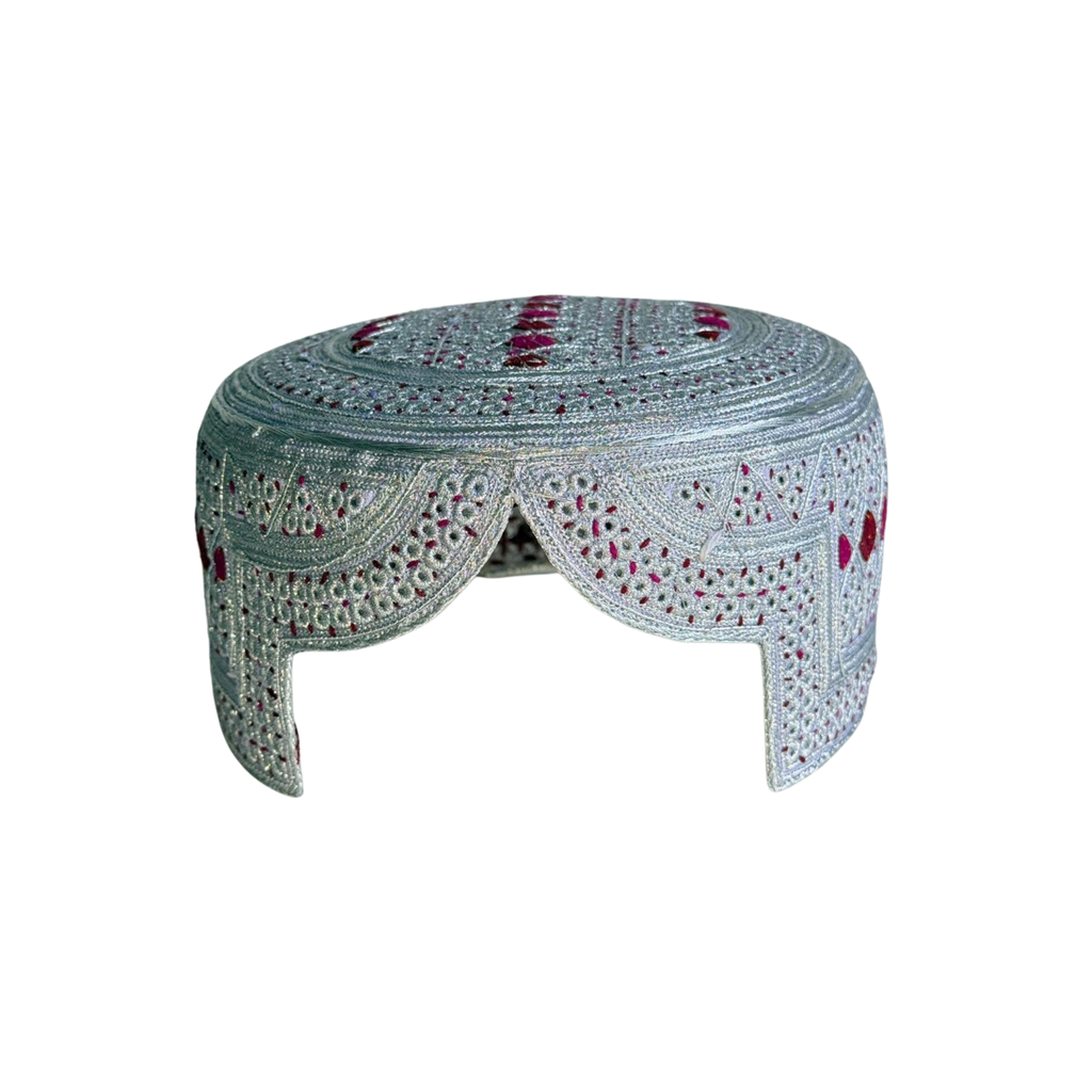 White Sindhi Topi - Pink Stitching - Maroon and Pink Tikki - Raja Cap