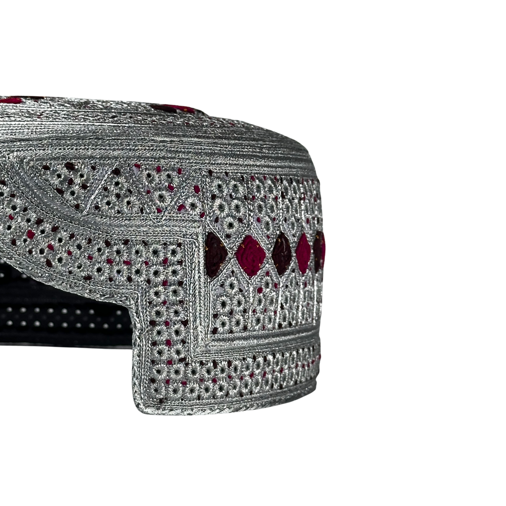 White Sindhi Topi - Pink Stitching - Maroon And Black Tikki - Raja Cap