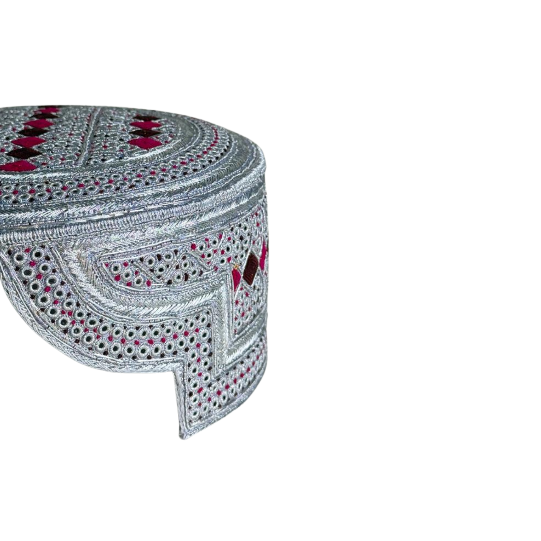White Sindhi Topi - Pink Stitching - Brown and Pink Tikki - Raja Cap