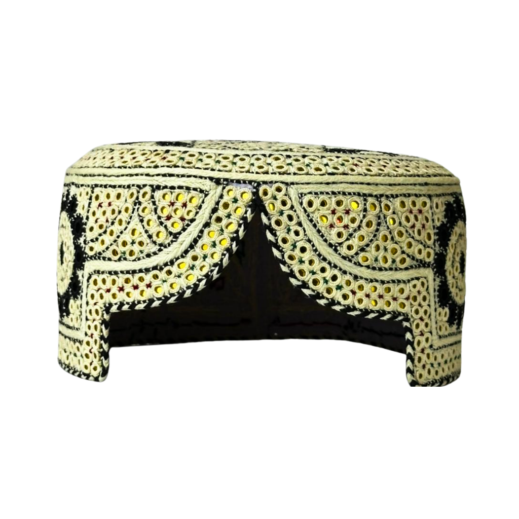White Sindhi Topi - Flower Design - Golden Shade - Nasir Bhai