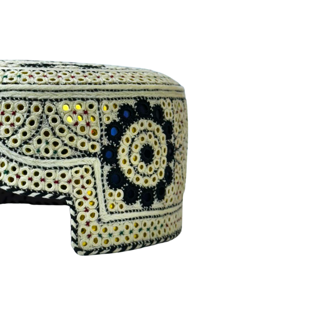 White Sindhi Topi - Flower Design - Golden Shade - Nasir Bhai
