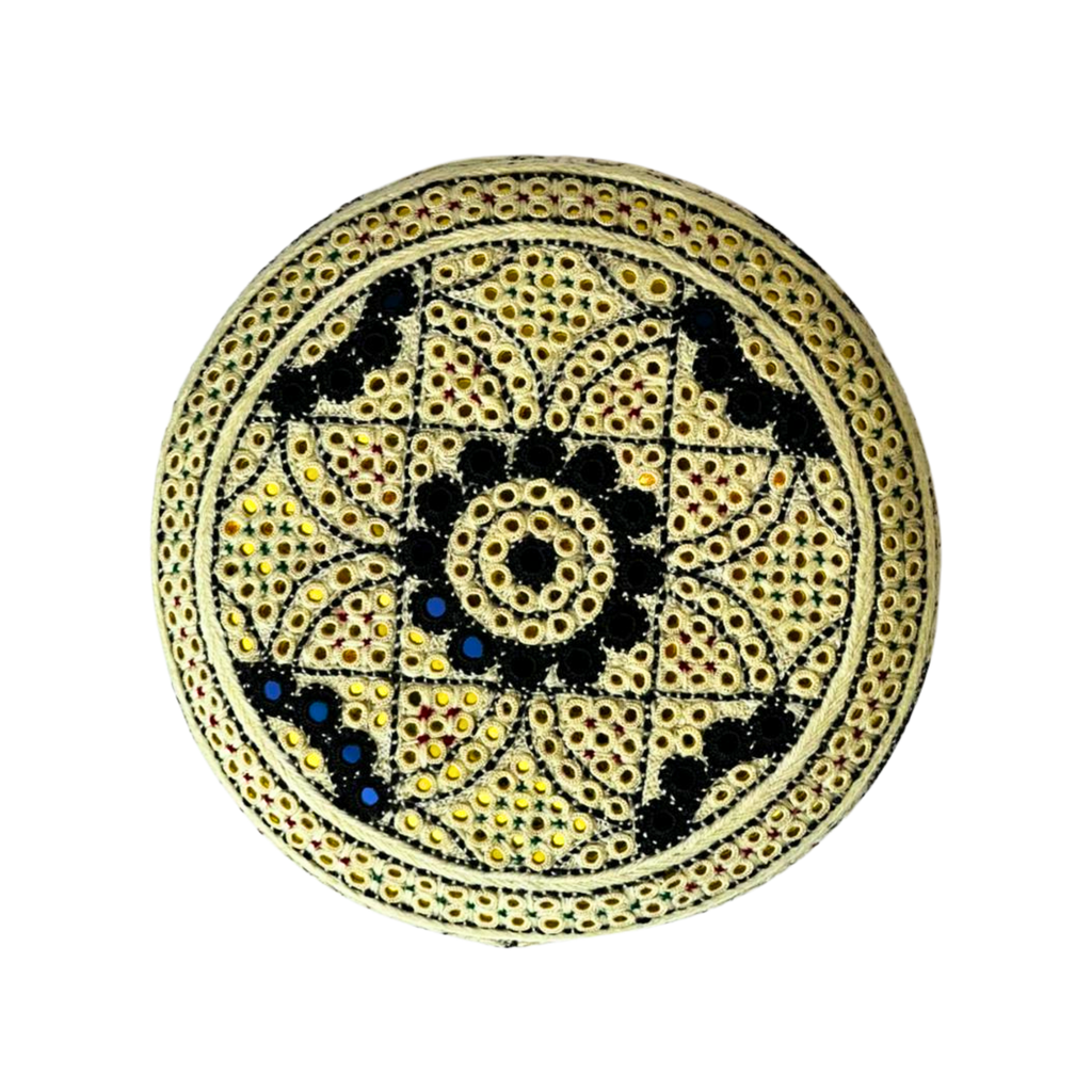 White Sindhi Topi - Flower Design - Golden Shade - Nasir Bhai