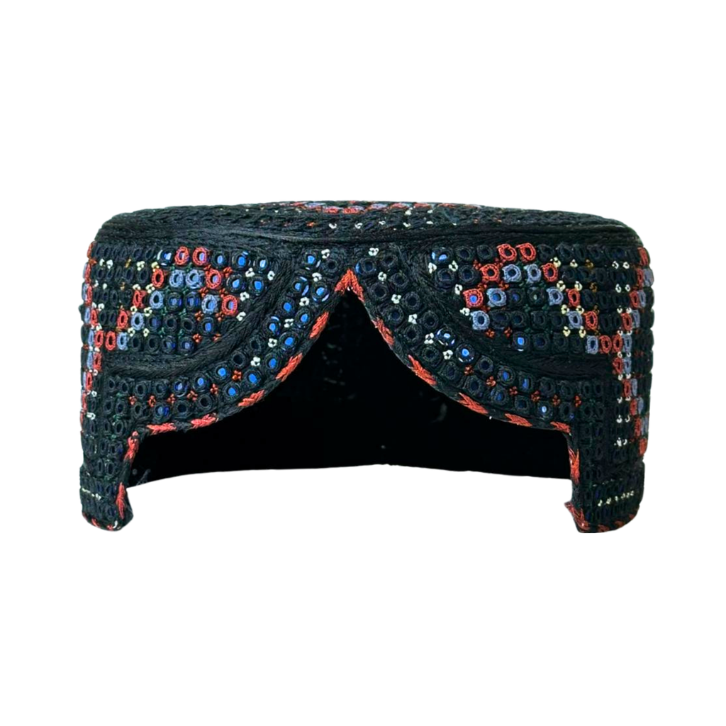 Black Sindhi Topi - Traditional design - Blue Shade - Nasir Bhai
